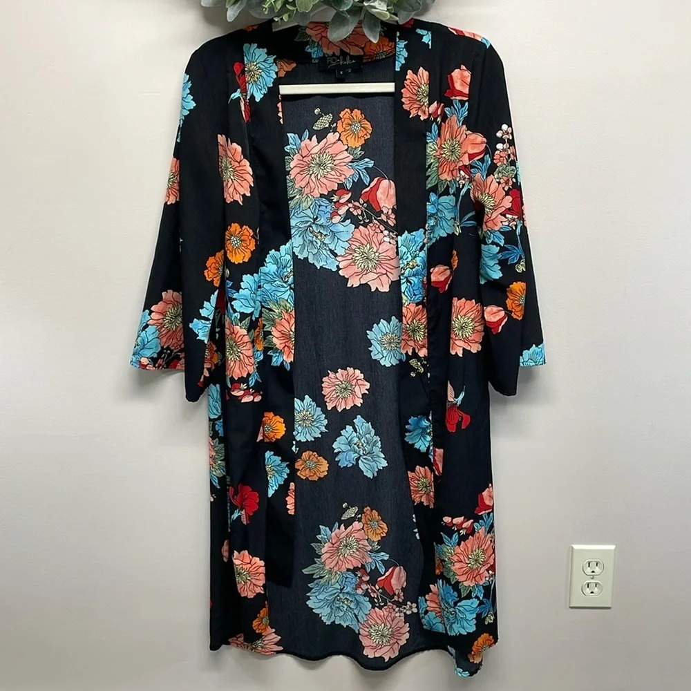 Anthropologie RD & Koko Black Floral Open Front Duster Kimono S